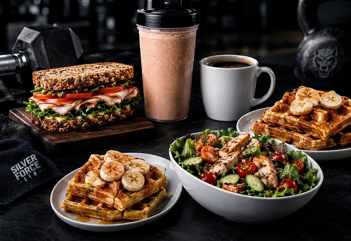 Sándwich, batido de proteína, waffles y ensalada de la barra Silver Food