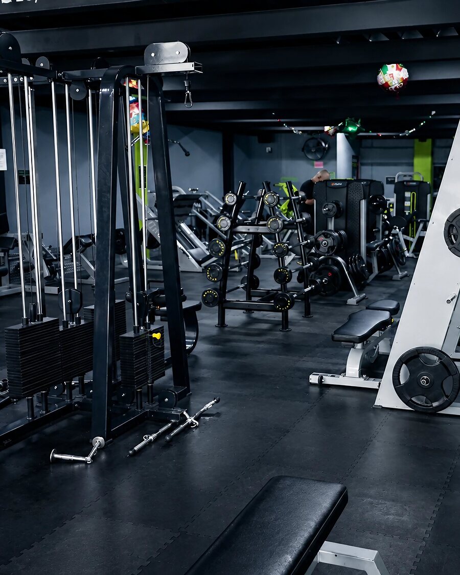 Zona de gym con crossover, racks de mancuernas y peso libre en Silver Force Gym