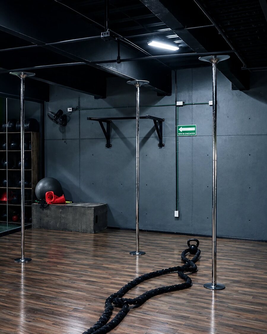 Salón de pole dance con tubos y piso de madera en Silver Force Gym